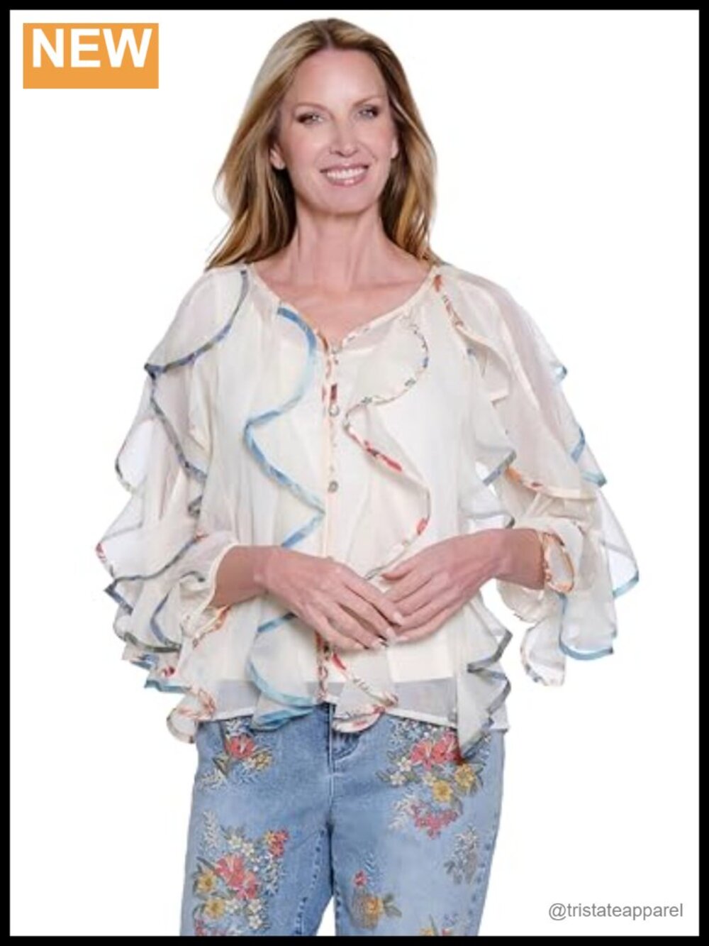 Woven Ruffled Three Quarters Sleeve Blouse